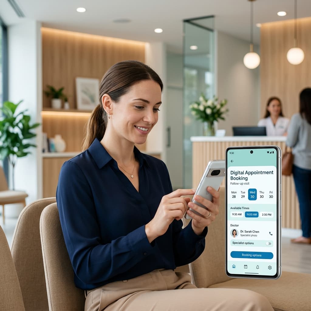 Healthcare professional using MedFlow on a mobile device to book lab tests